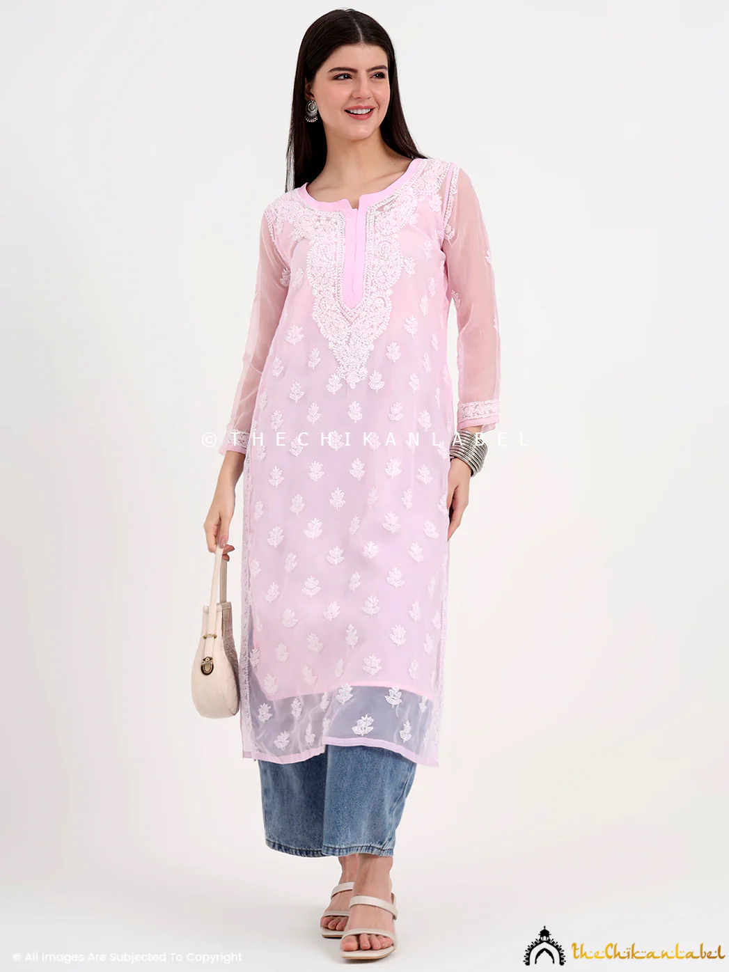 Mahak Georgette Chikankari Straight Kurti with Inner - Baby Pink - Image 6