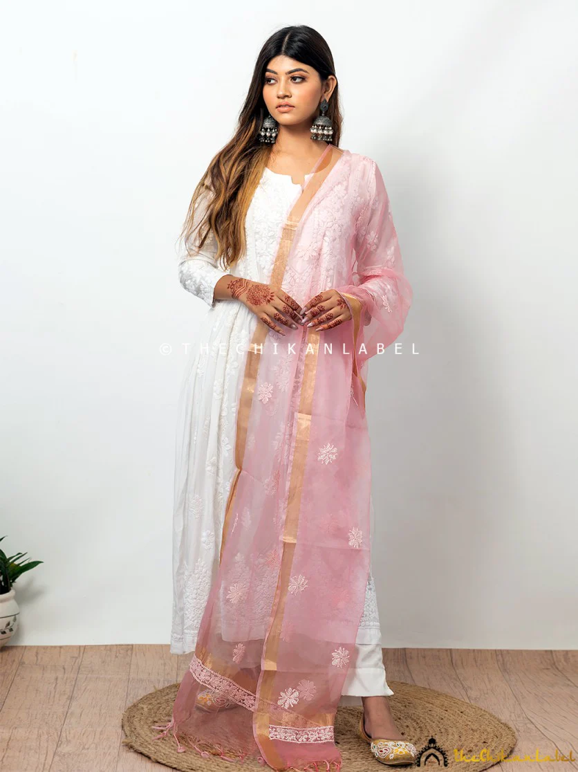 Baby Pink Organza Chikankari Dupatta Lucknawi Chikan Handmade Stole Scarf - Image 3
