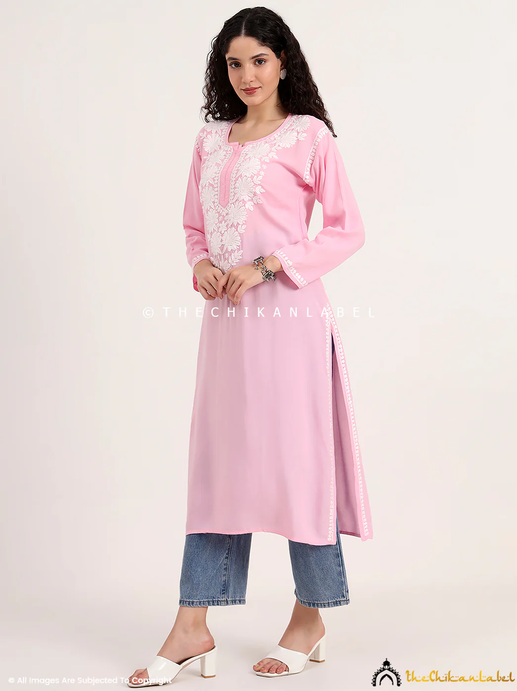 Sabreen Rayon Chikankari Straight Kurti - Baby Pink - Image 4