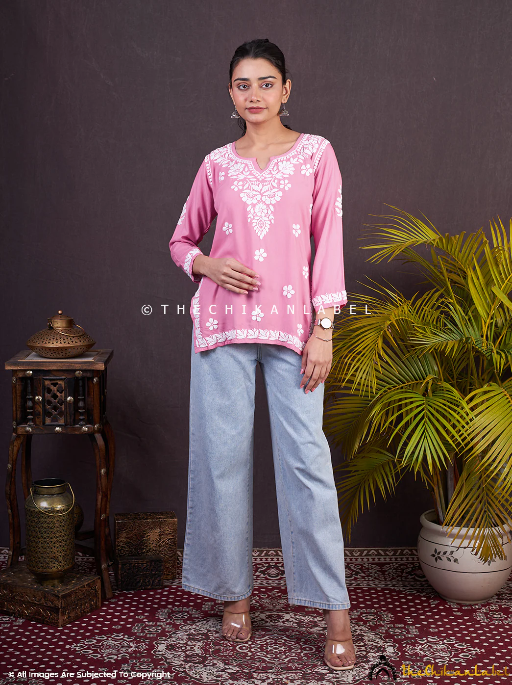 Sangeet Modal Chikankari Short Kurta-Baby Pink