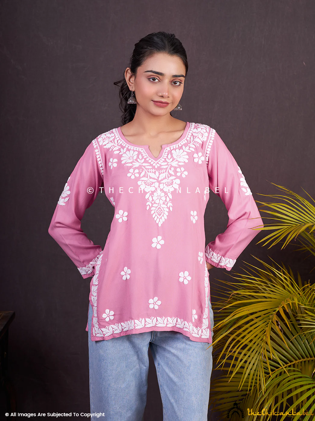 Sangeet Modal Chikankari Short Kurta-Baby Pink - Image 2