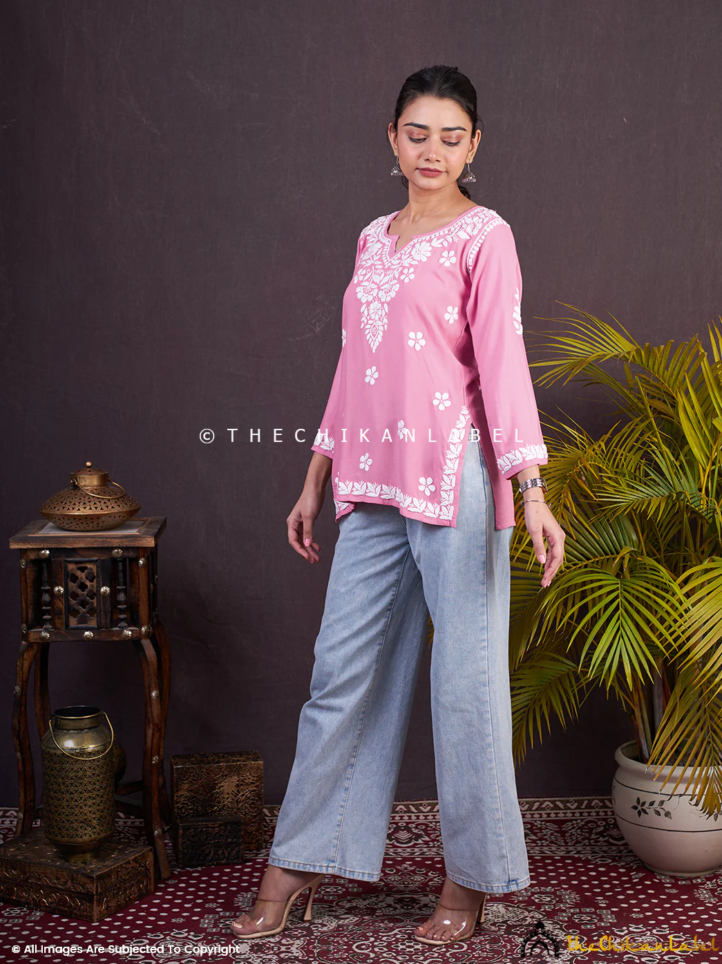 Sangeet Modal Chikankari Short Kurta-Baby Pink - Image 3