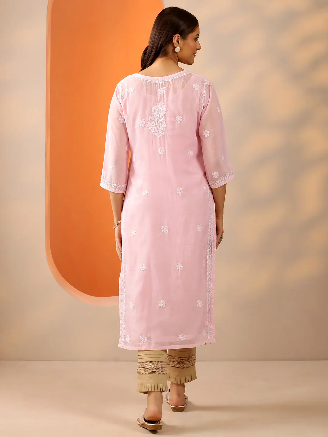 Baby Pink Vira Cotton Chikankari Straight Kurti with inner - Image 3