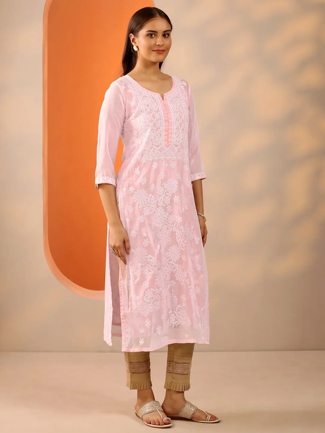 Baby Pink Vira Cotton Chikankari Straight Kurti with inner - Image 4