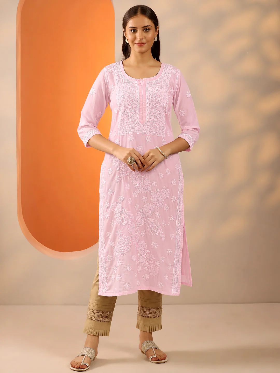 Baby Pink Vira Cotton Chikankari Straight Kurti with inner - Image 5