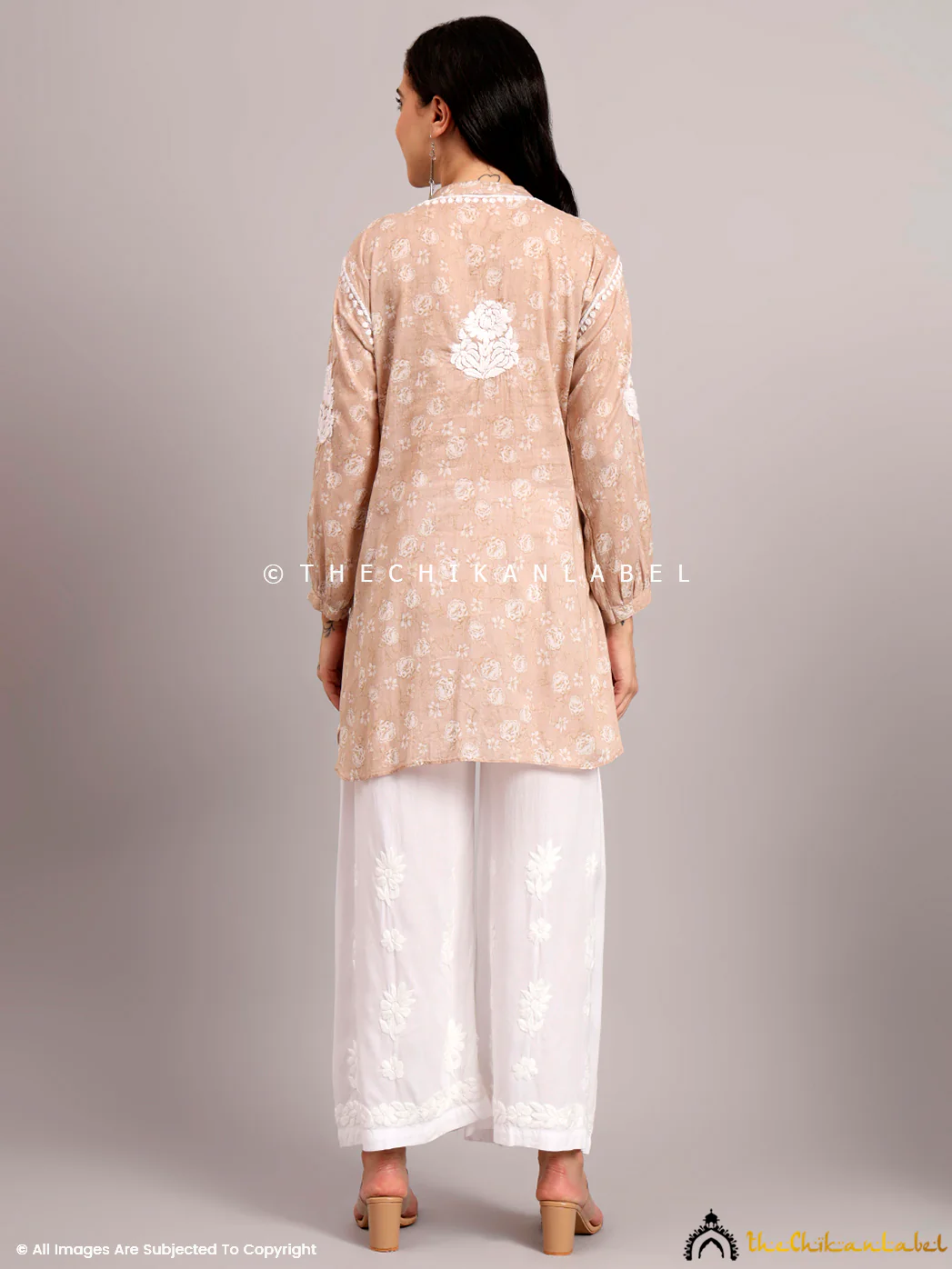 Aarini Mulmul Printed Chikankari Short Kurta - Beige - Image 3