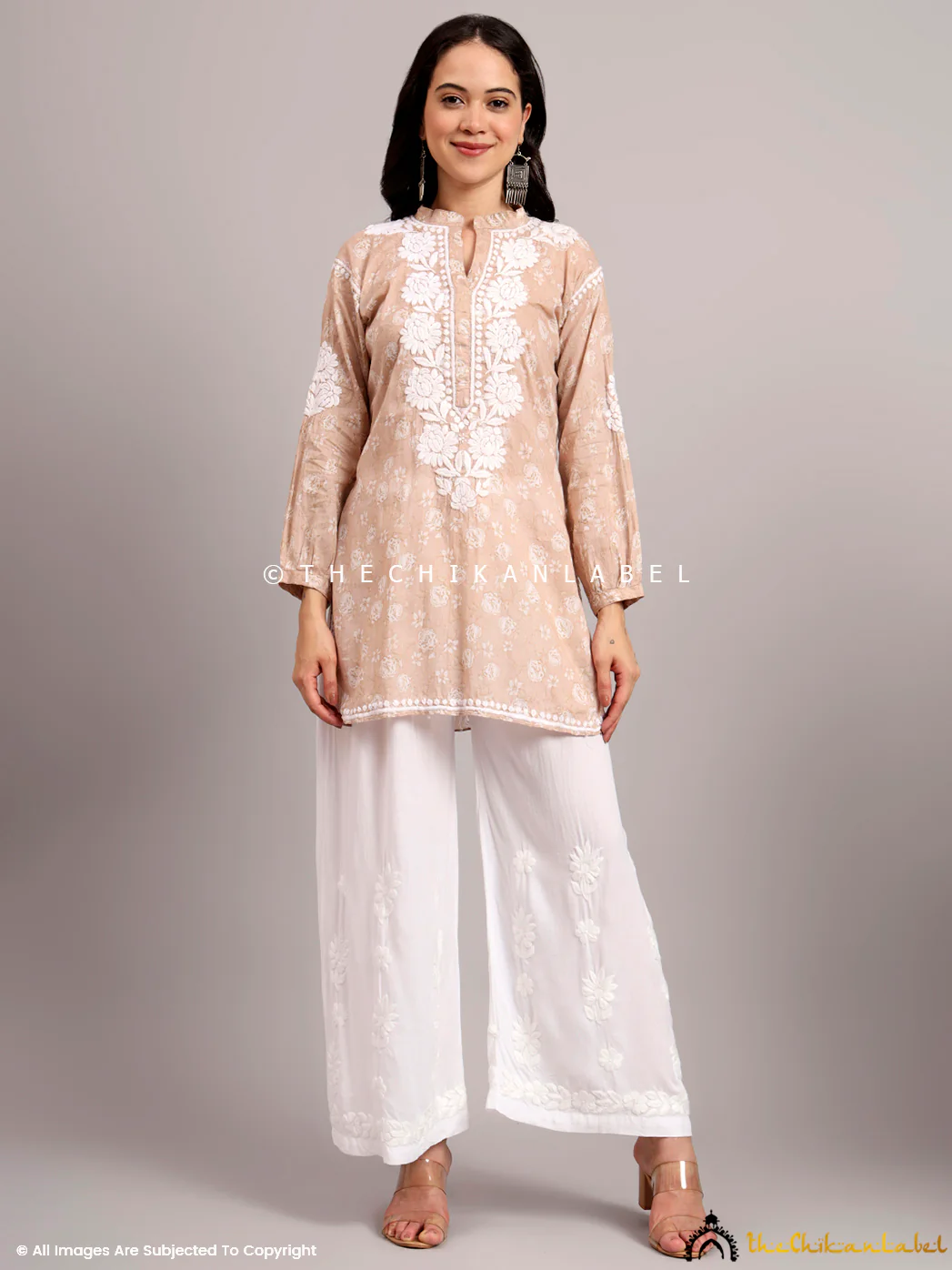 Aarini Mulmul Printed Chikankari Short Kurta - Beige - Image 4
