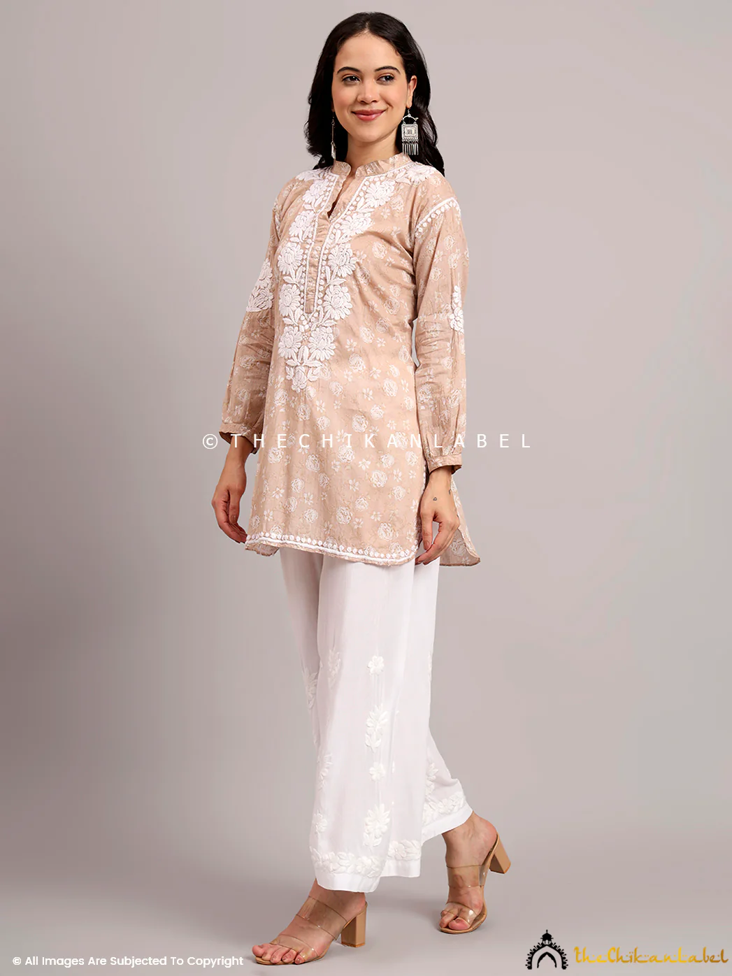 Aarini Mulmul Printed Chikankari Short Kurta - Beige - Image 5