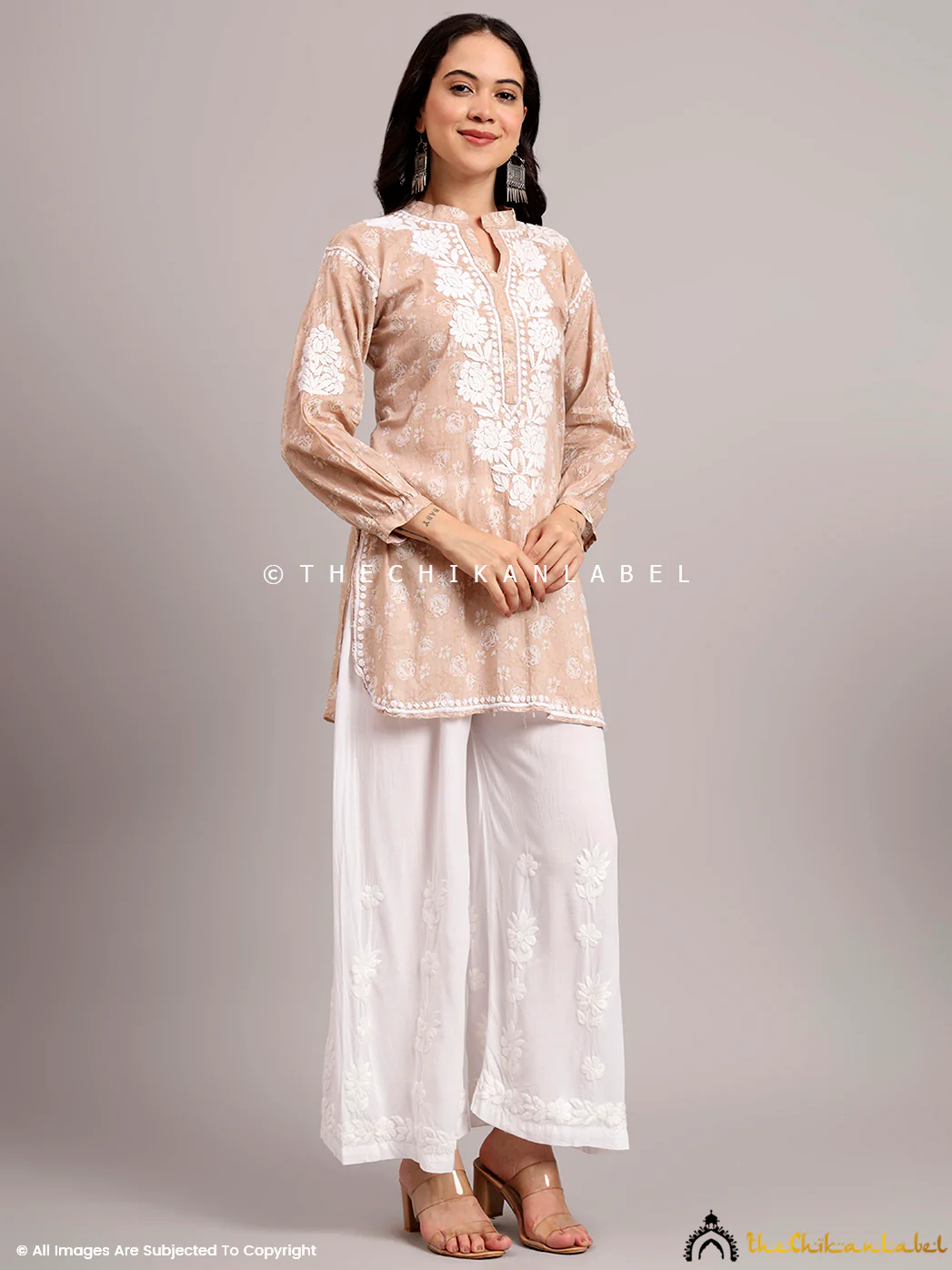Aarini Mulmul Printed Chikankari Short Kurta - Beige - Image 6