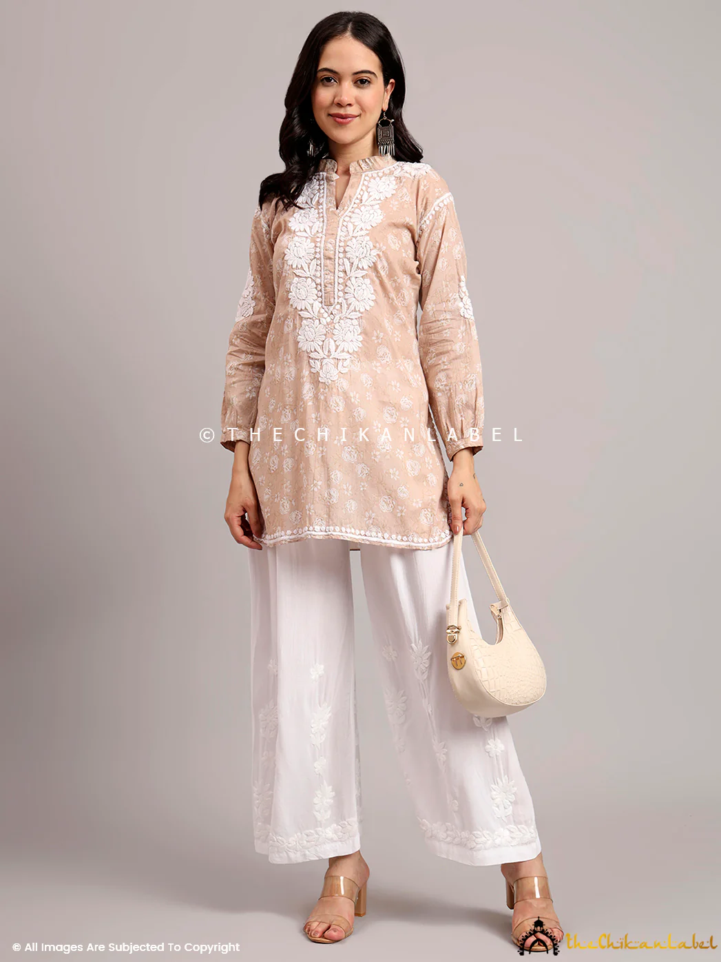Aarini Mulmul Printed Chikankari Short Kurta - Beige - Image 7