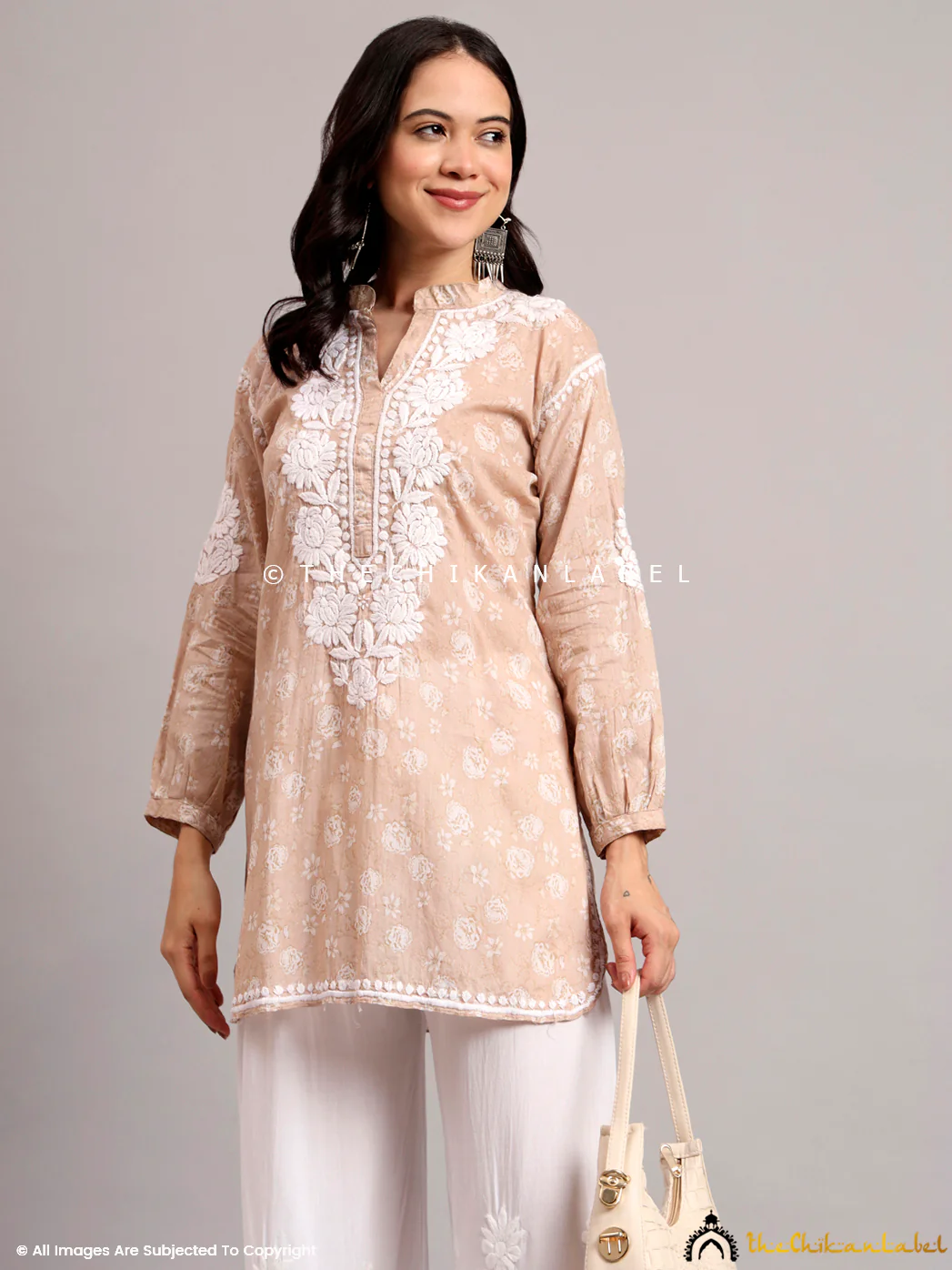 Aarini Mulmul Printed Chikankari Short Kurta - Beige - Image 8