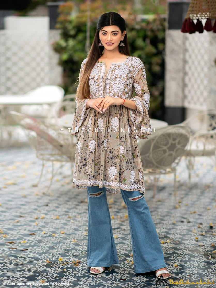 Hanifa Mulmul Chikankari Peplum Top - Beige - Image 3