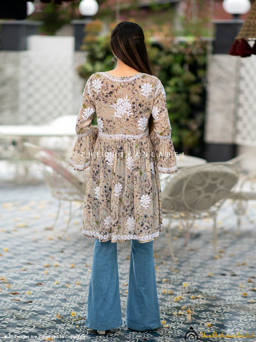Hanifa Mulmul Chikankari Peplum Top - Beige - Image 4