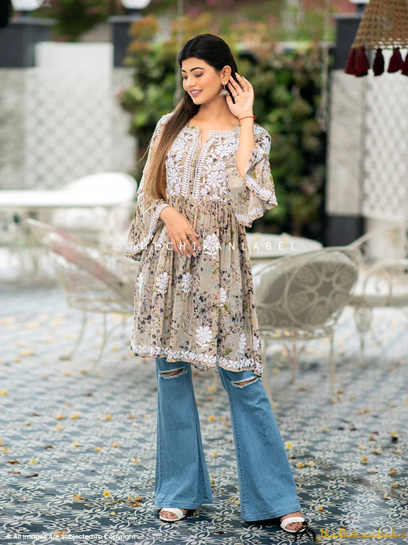 Hanifa Mulmul Chikankari Peplum Top - Beige - Image 5