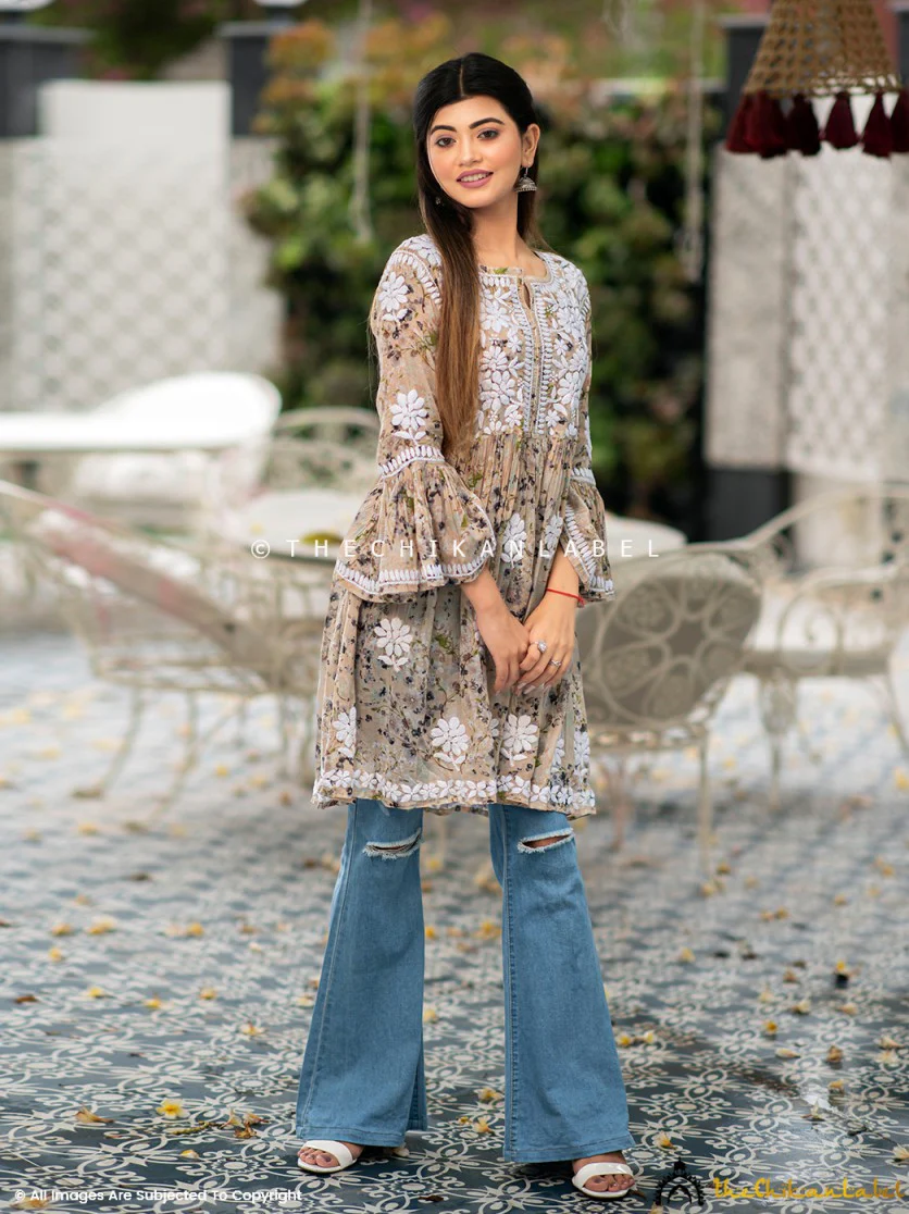 Hanifa Mulmul Chikankari Peplum Top - Beige - Image 6