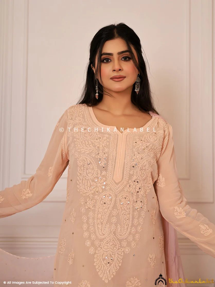 Beige Lafz Viscose Chikankari Kurta Set with Dupatta - Image 2