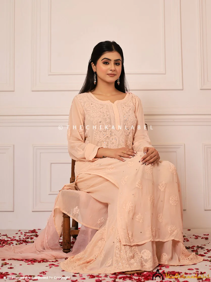 Beige Lafz Viscose Chikankari Kurta Set with Dupatta - Image 4