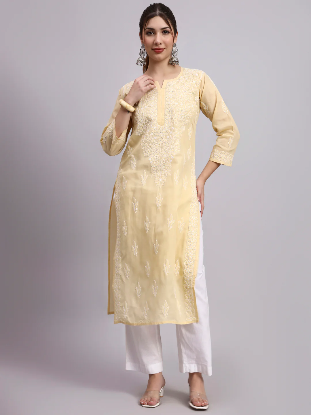 Beige Layla Cotton Chikankari Straight Kurti with inner