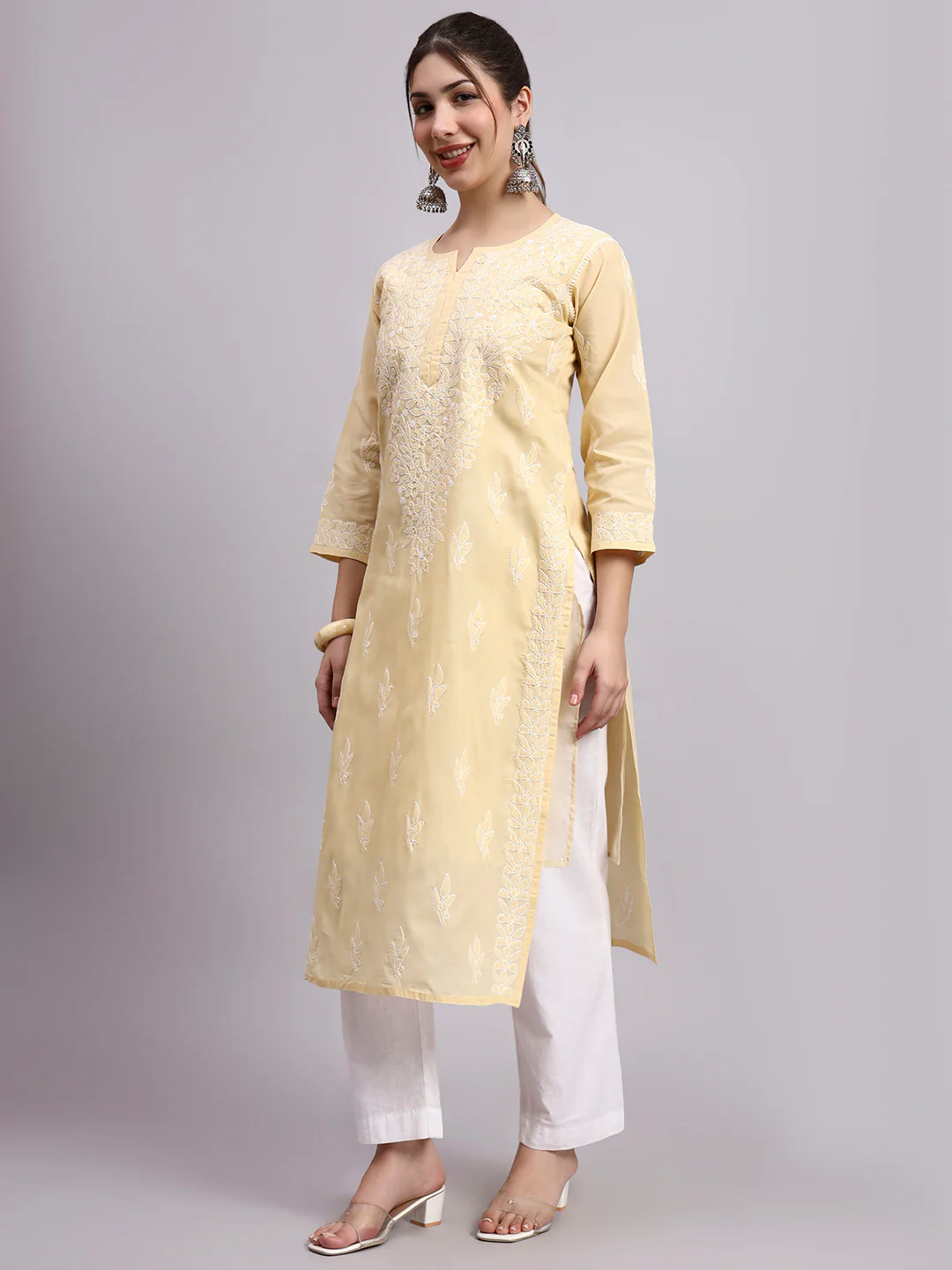 Beige Layla Cotton Chikankari Straight Kurti with inner - Image 2
