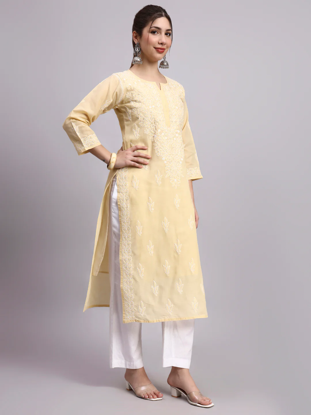 Beige Layla Cotton Chikankari Straight Kurti with inner - Image 3