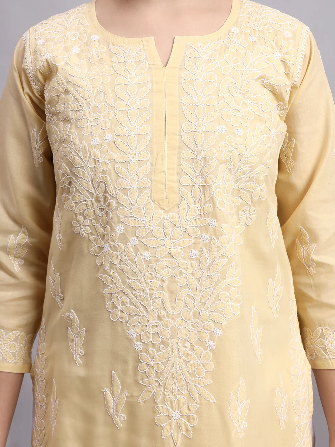 Beige Layla Cotton Chikankari Straight Kurti with inner - Image 4