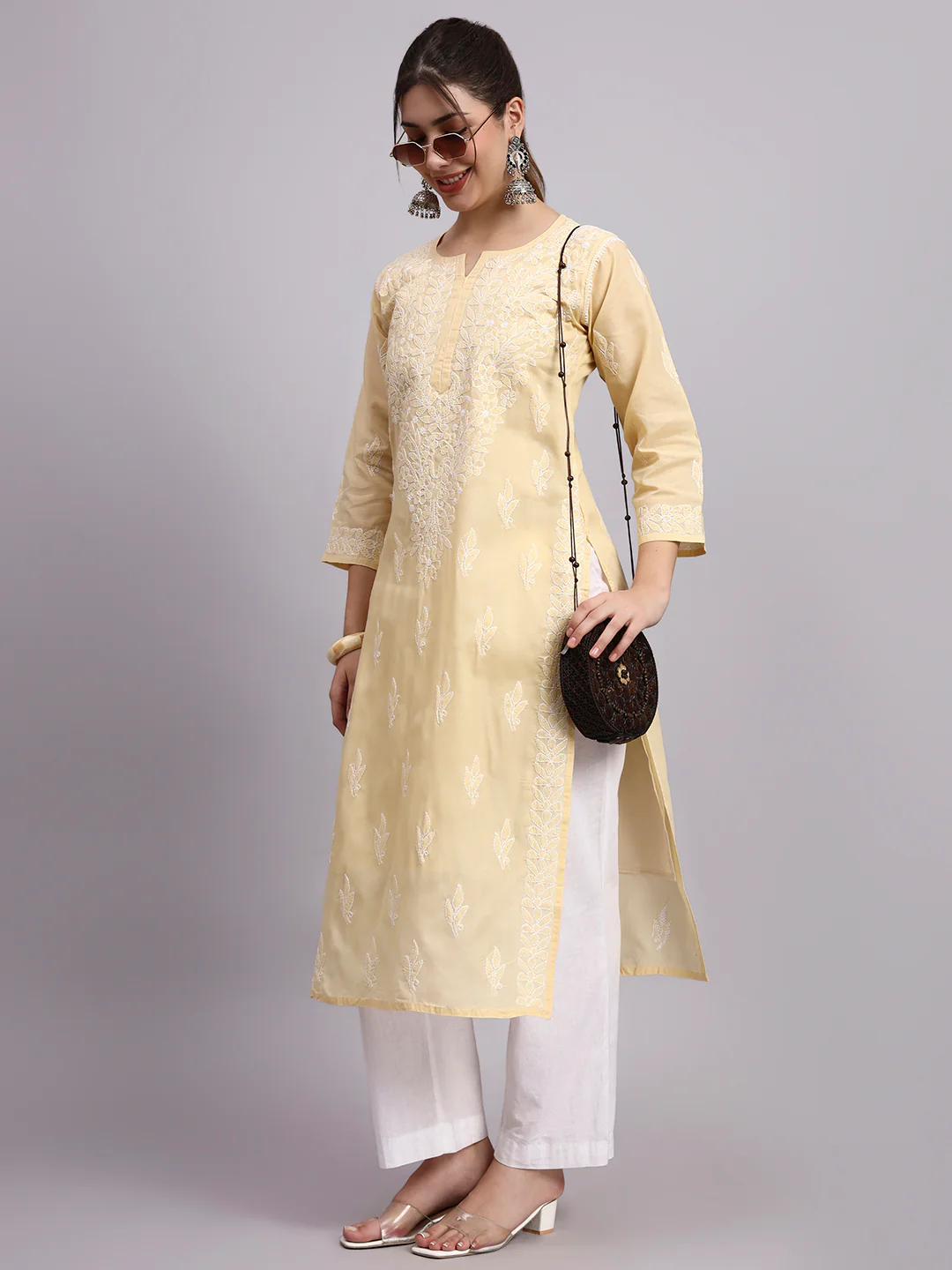 Beige Layla Cotton Chikankari Straight Kurti with inner - Image 6