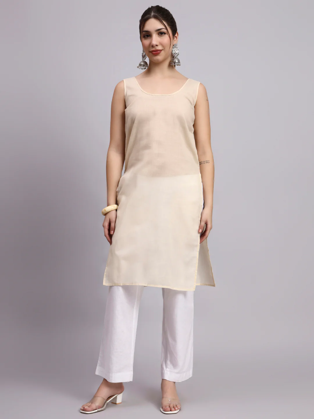 Beige Layla Cotton Chikankari Straight Kurti with inner - Image 7