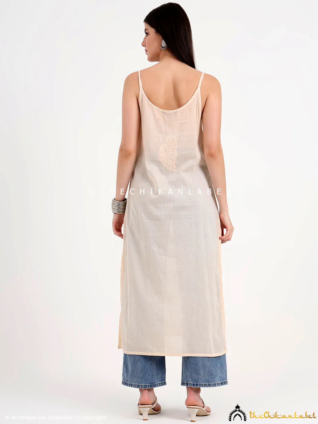 Maham Cotton Chikankari Strappy Kurta - Beige - Image 3
