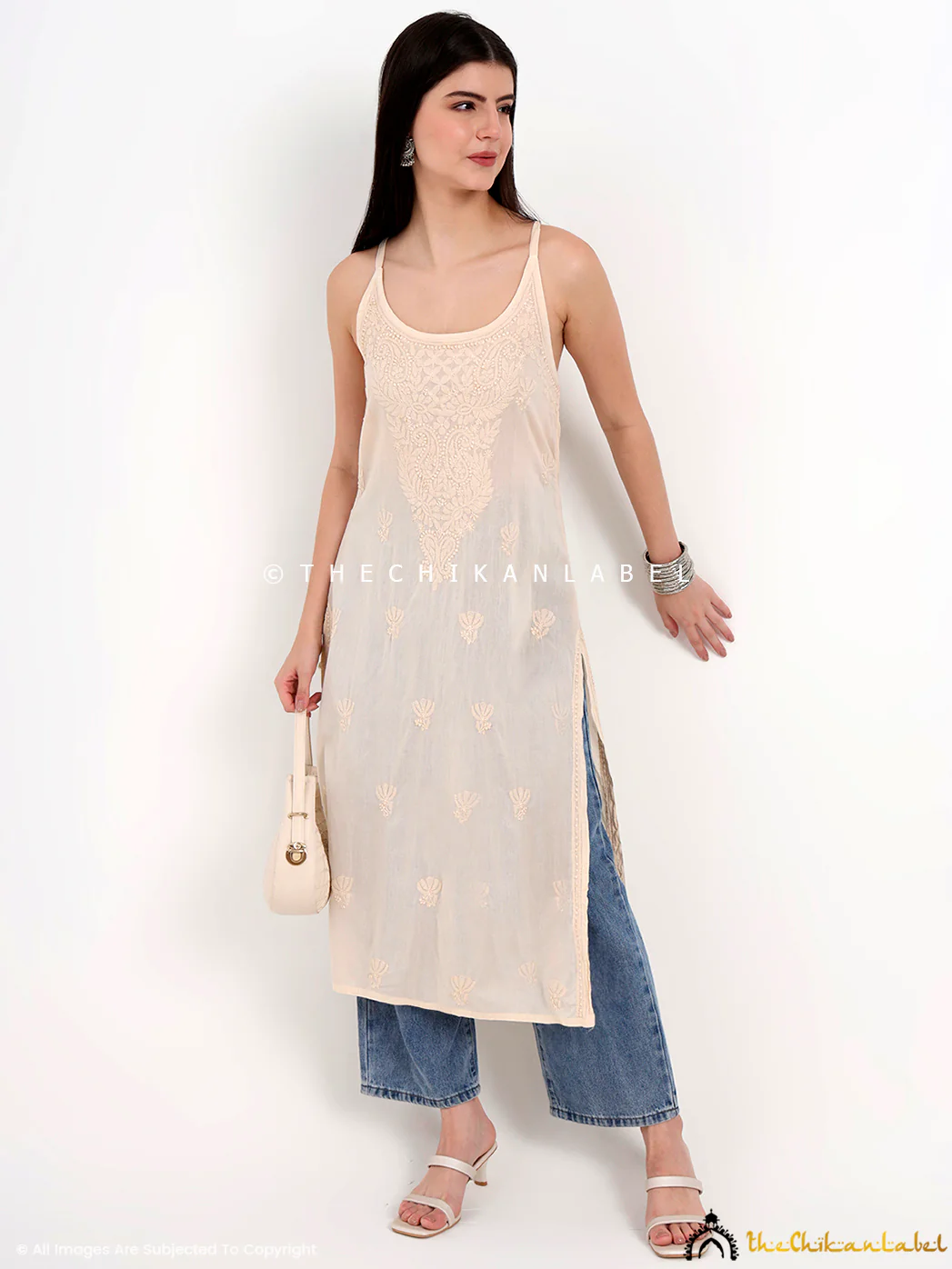 Maham Cotton Chikankari Strappy Kurta - Beige - Image 4