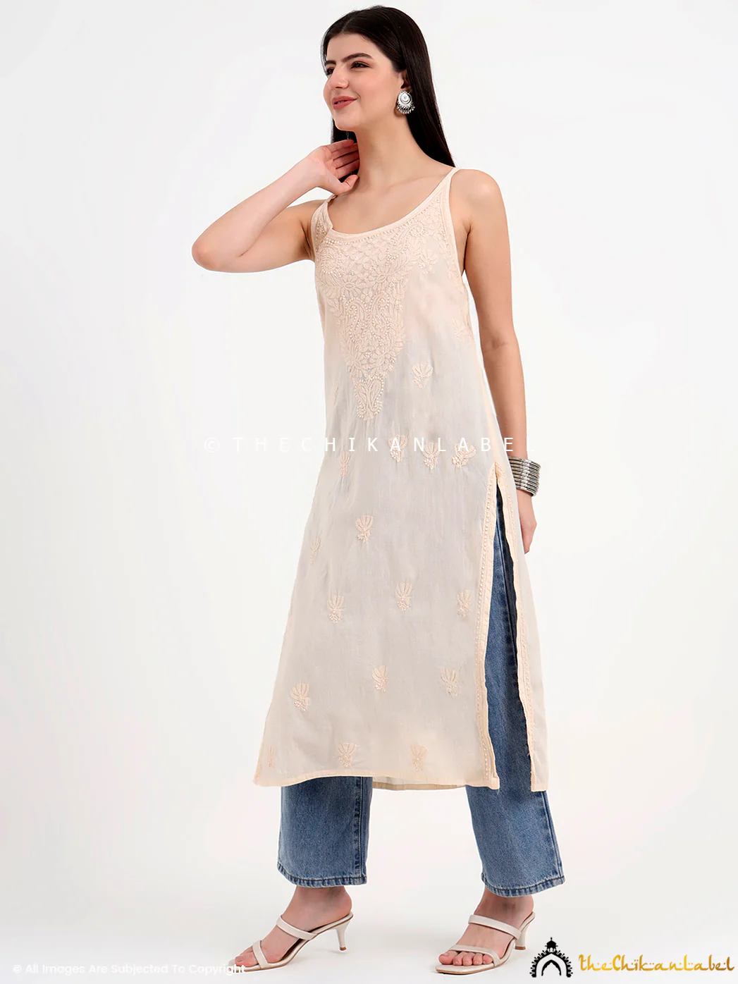 Maham Cotton Chikankari Strappy Kurta - Beige - Image 5