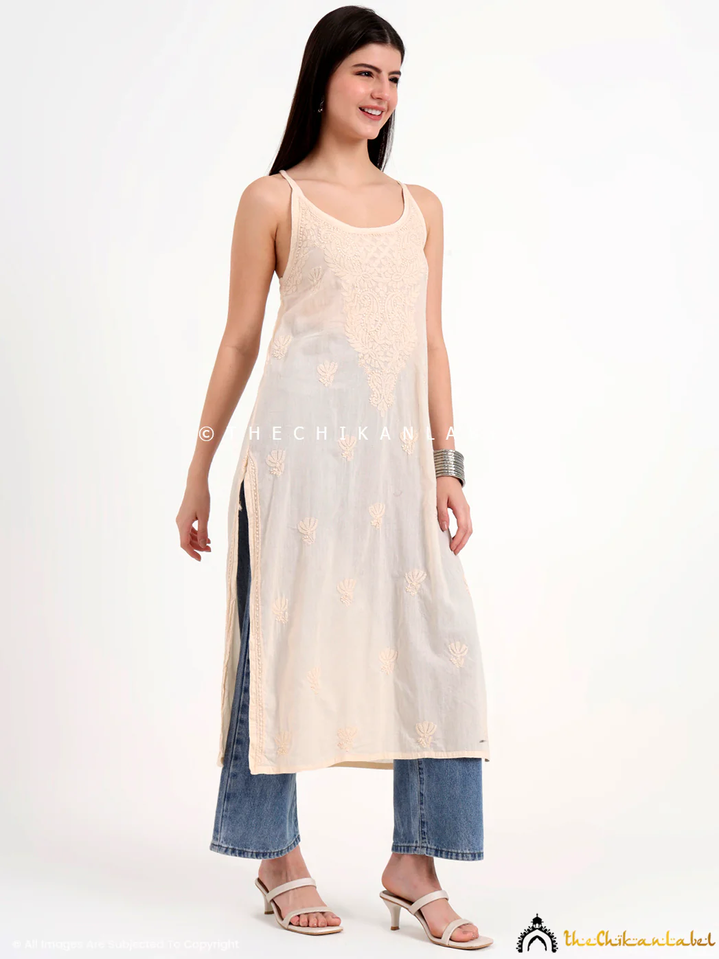 Maham Cotton Chikankari Strappy Kurta - Beige - Image 6