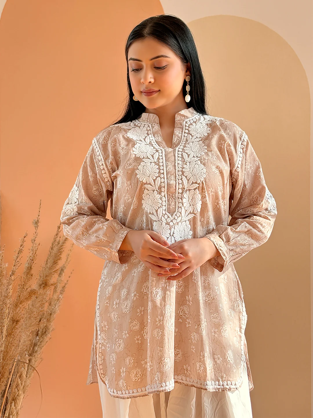 Beige Mulmul Printed Chikankari Farshi Salwar Set - Image 2