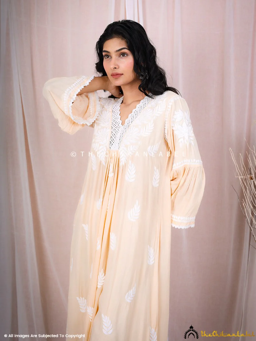 Ruhina Modal Chikankari A-Line Kurti - Beige - Image 2