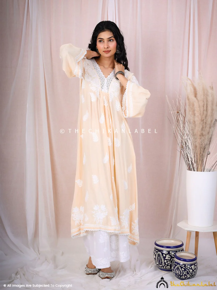 Ruhina Modal Chikankari A-Line Kurti - Beige - Image 3