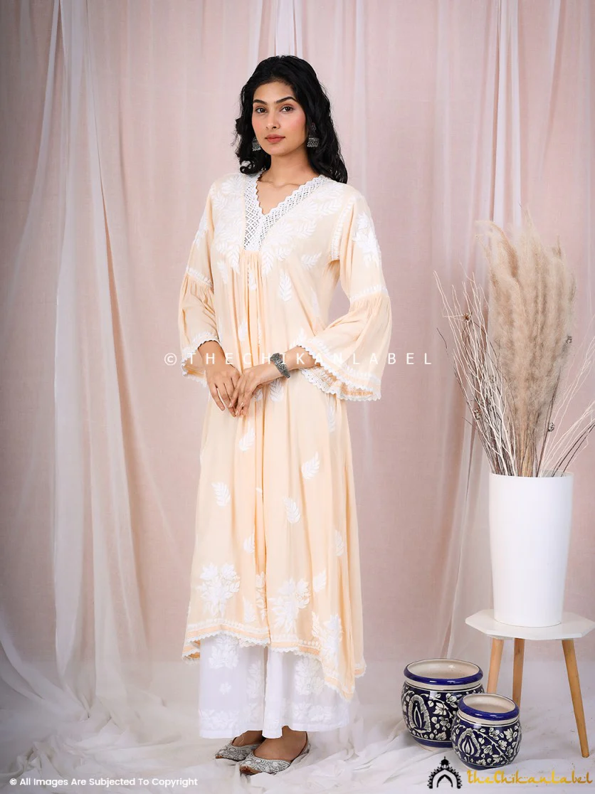 Ruhina Modal Chikankari A-Line Kurti - Beige - Image 4
