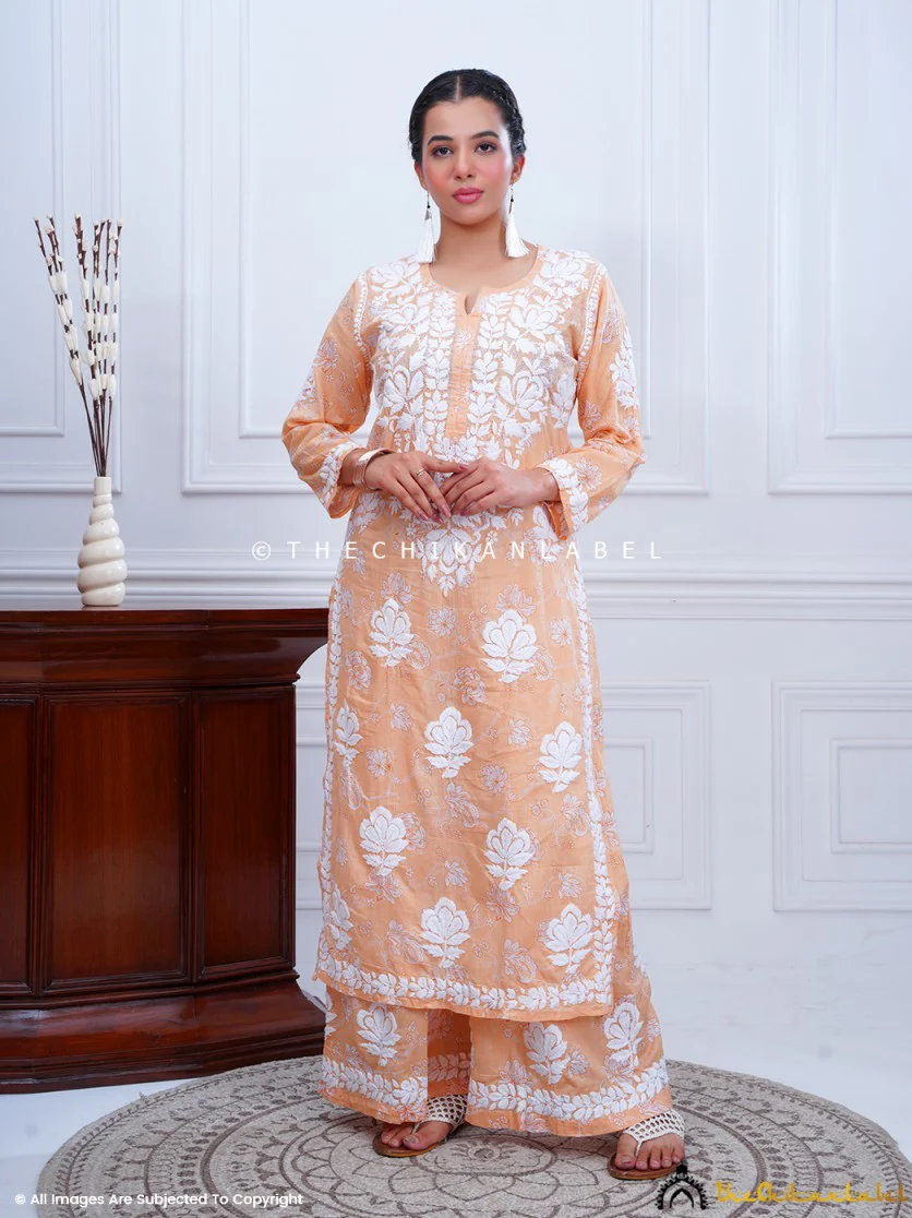 Ruwaab Mulmul Cotton Chikankari Kurta Set-Beige - Image 4