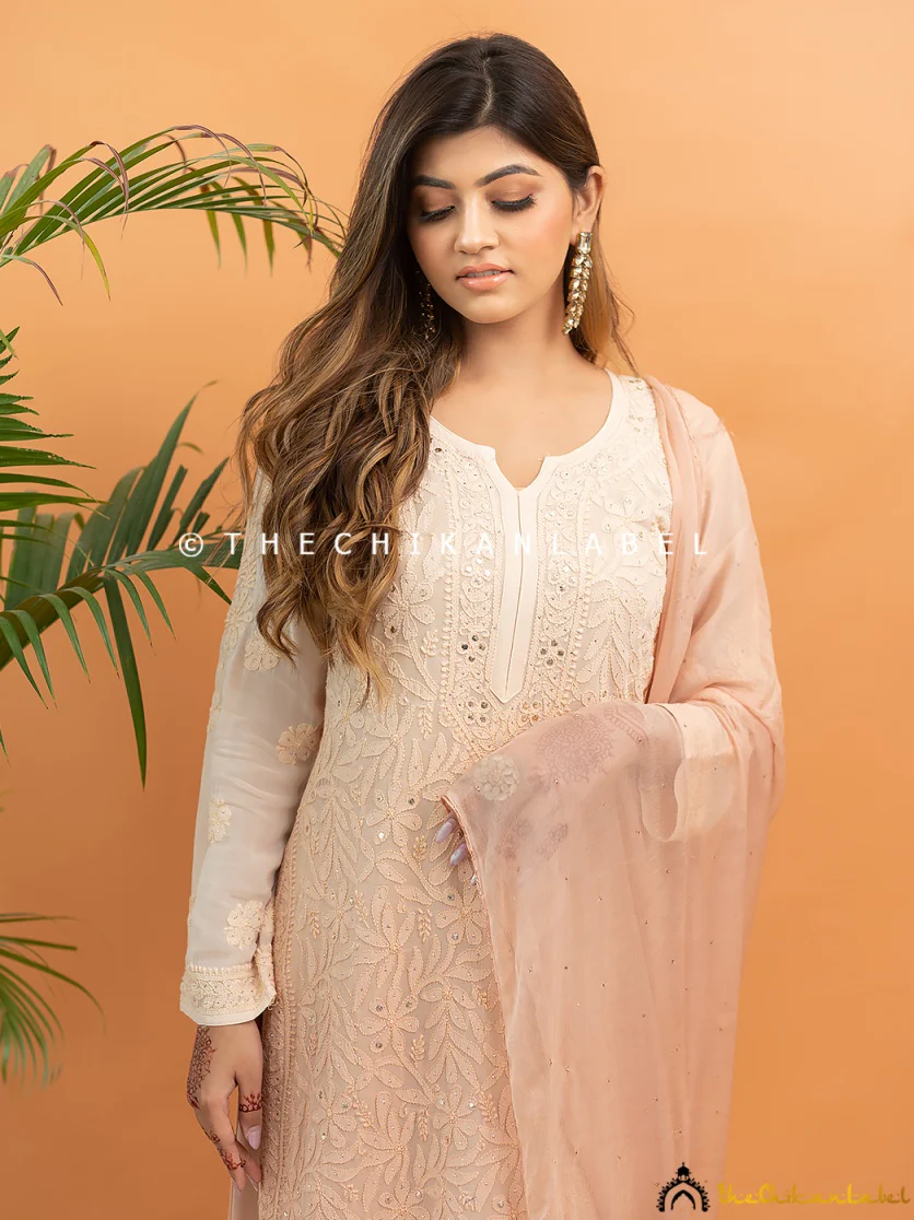 Sitara Chikankari Viscose Kurta Set with Dupatta - Beige - Image 2