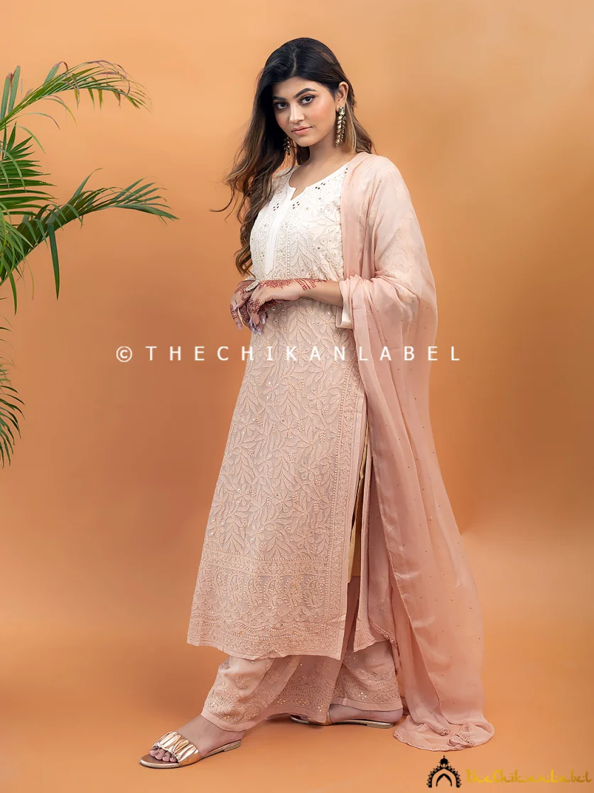 Sitara Chikankari Viscose Kurta Set with Dupatta - Beige - Image 3