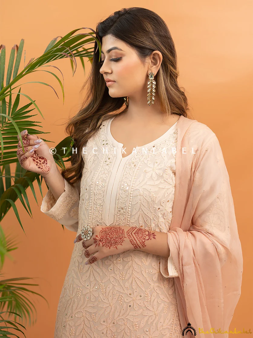 Sitara Chikankari Viscose Kurta Set with Dupatta - Beige - Image 4