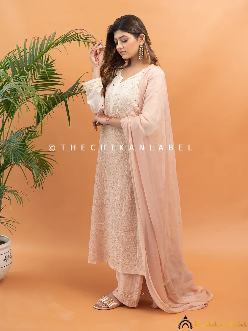 Sitara Chikankari Viscose Kurta Set with Dupatta - Beige - Image 6