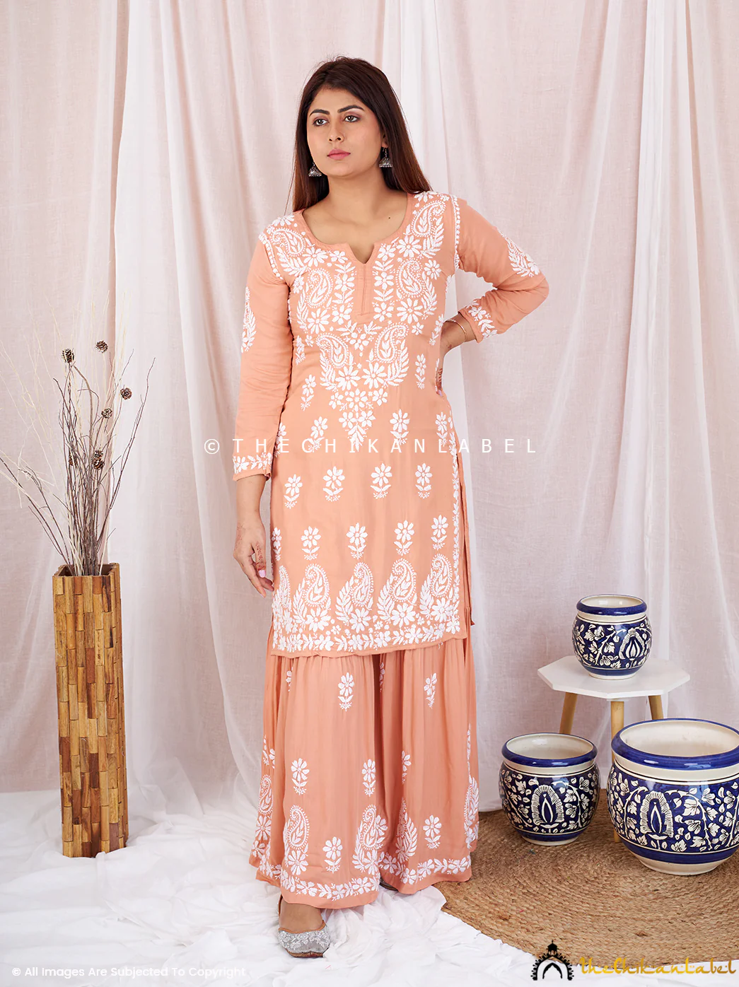 Beige Sun Modal Chikankari Kurta Garara Set - Image 2