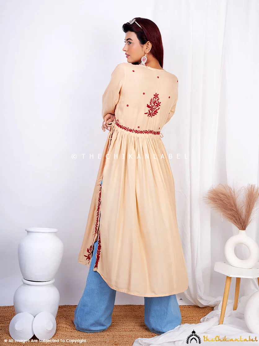 Vamika Modal Chikankari Nayra Cut Anarkali -Beige - Image 3