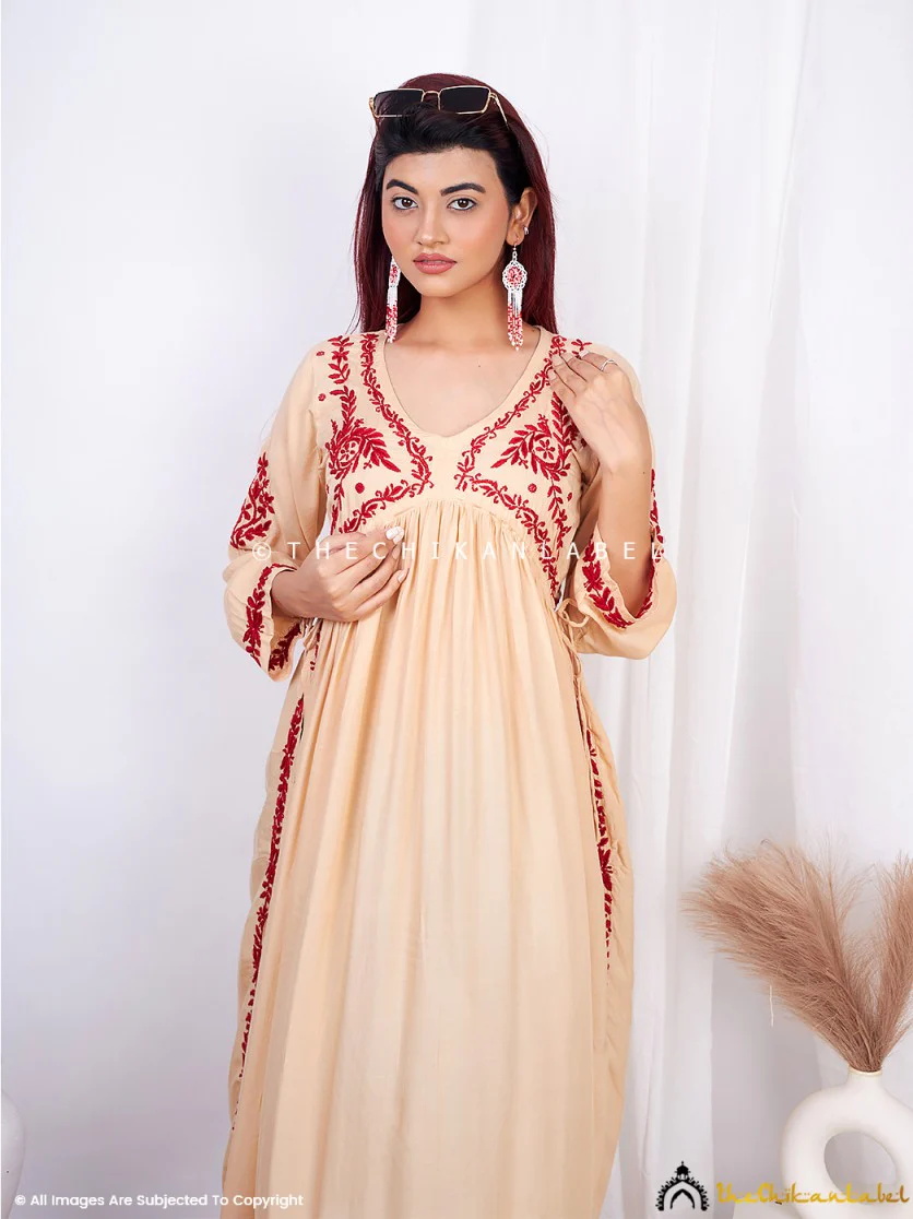 Vamika Modal Chikankari Nayra Cut Anarkali -Beige - Image 4