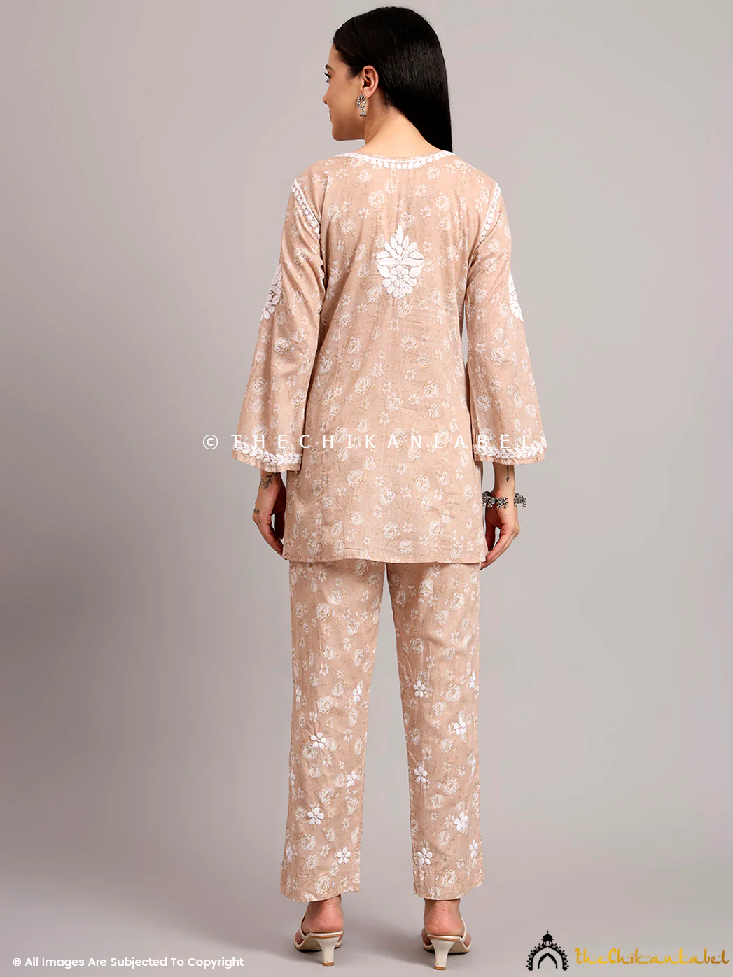 Vedika Mulmul Cotton Chikankari Co-ord Set - Beige - Image 3