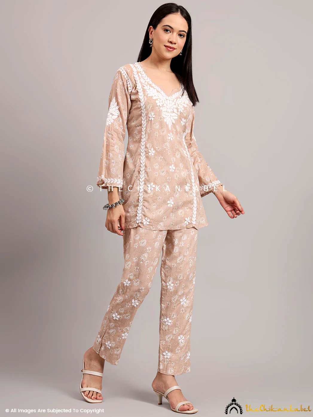 Vedika Mulmul Cotton Chikankari Co-ord Set - Beige - Image 4