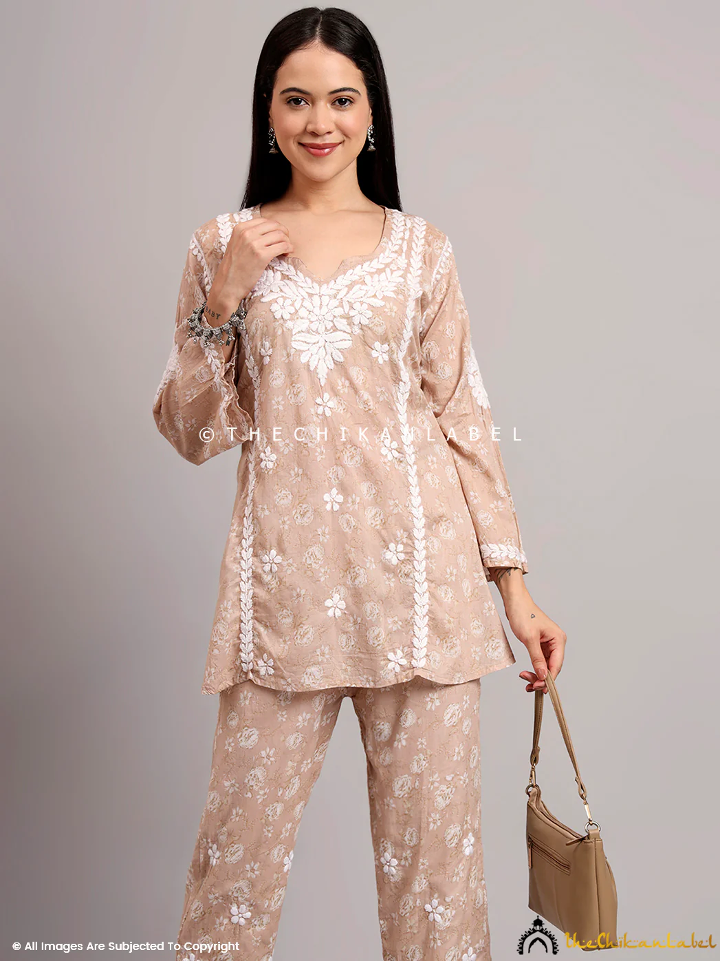Vedika Mulmul Cotton Chikankari Co-ord Set - Beige - Image 6