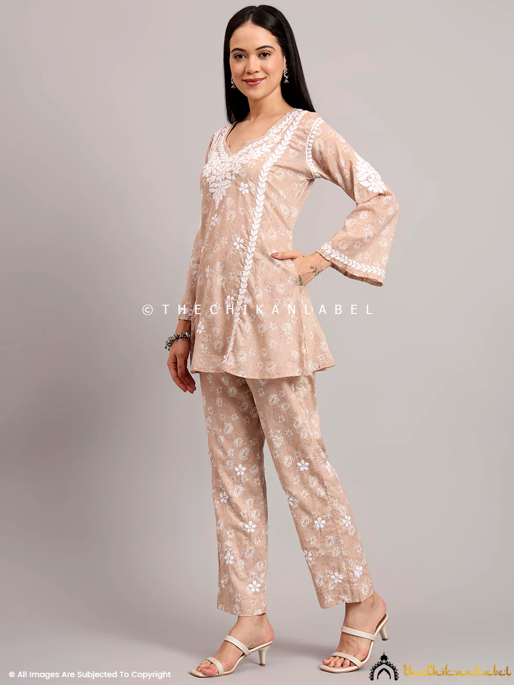 Vedika Mulmul Cotton Chikankari Co-ord Set - Beige - Image 7