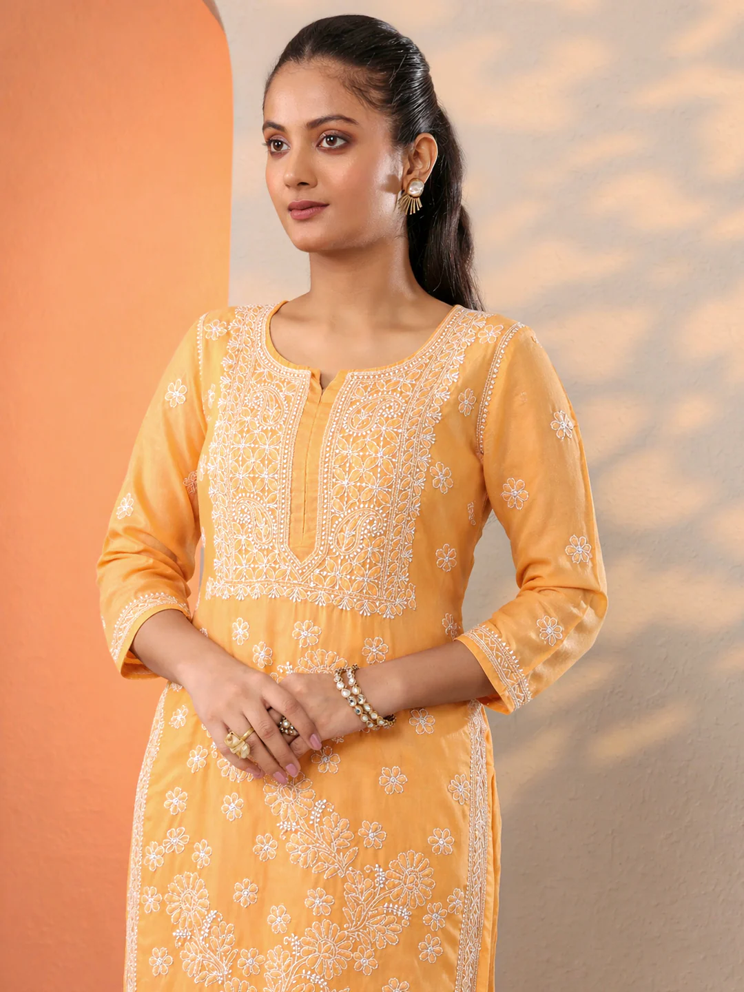 Beige Vira Cotton Chikankari Straight Kurti with inner - Image 2
