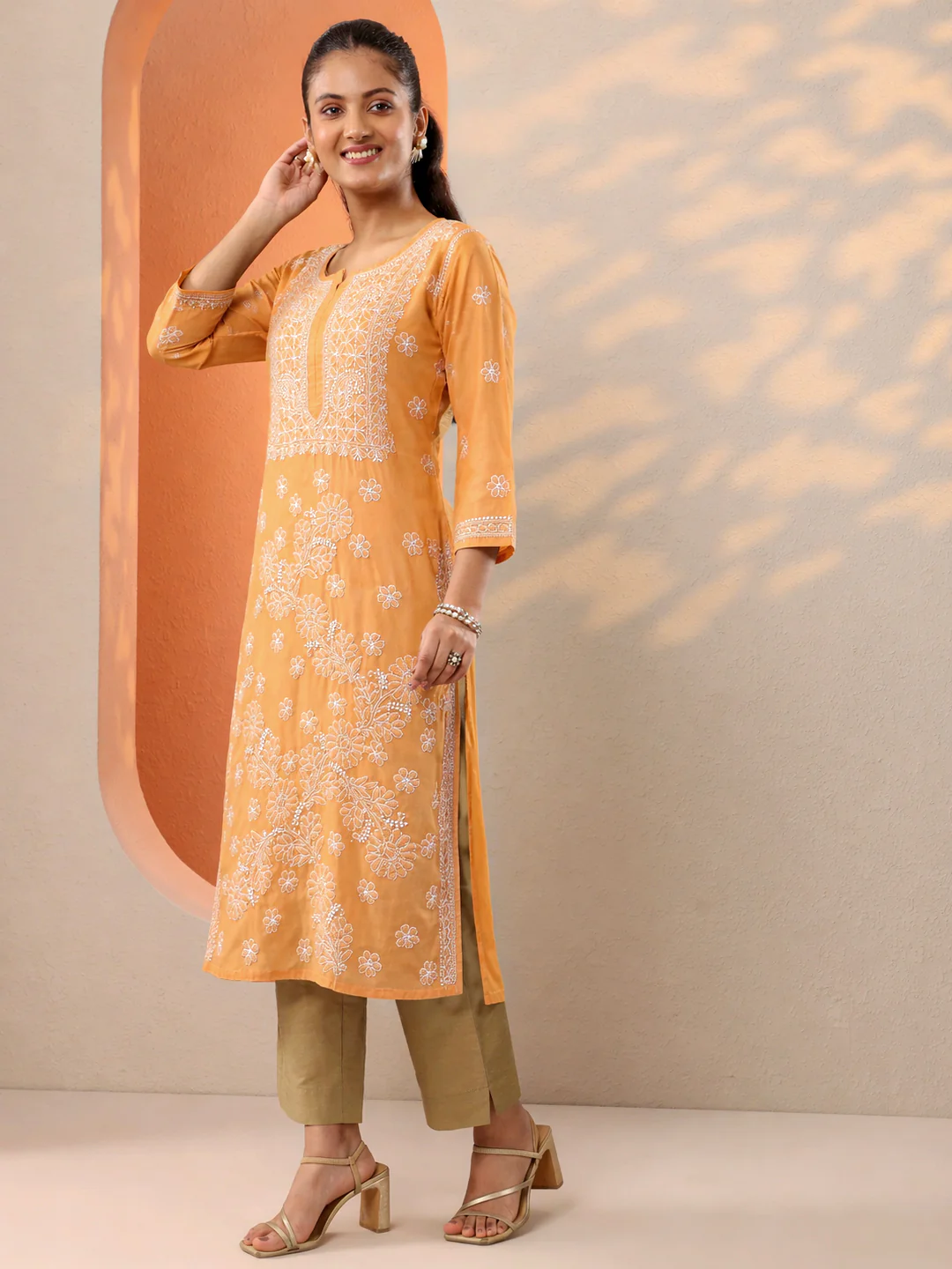 Beige Vira Cotton Chikankari Straight Kurti with inner - Image 4