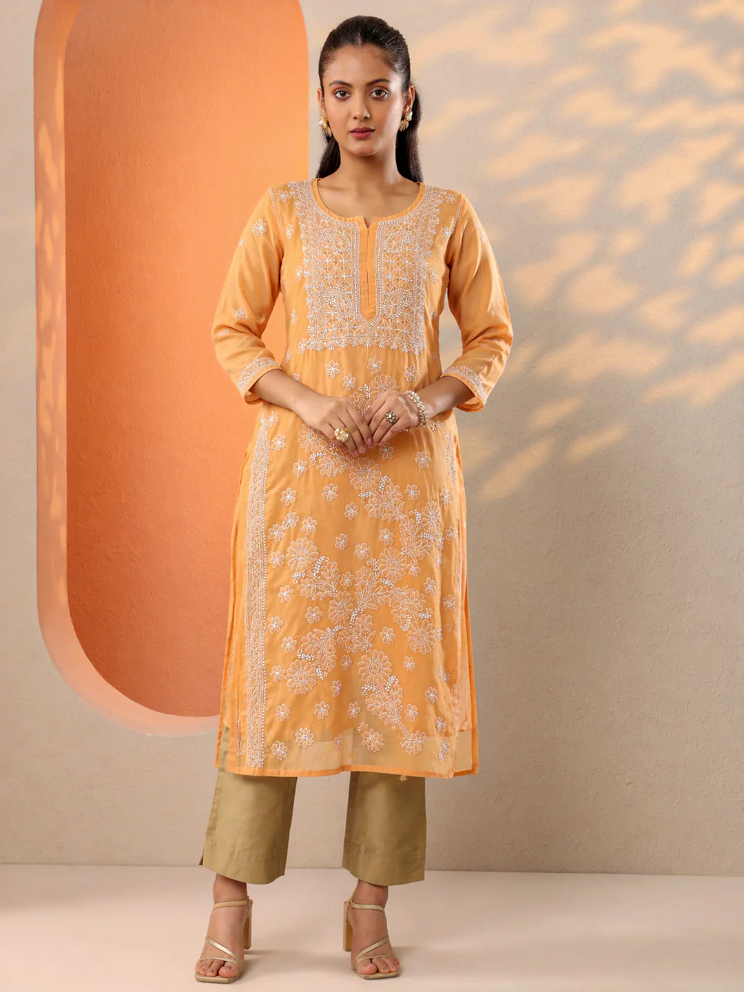 Beige Vira Cotton Chikankari Straight Kurti with inner - Image 5